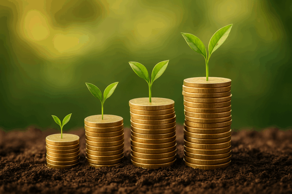 Münzstapel auf denen jeweils eine Pflanze wächst